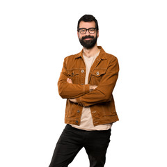 Handsome man with beard with glasses and happy over isolated white background