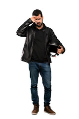Full-length shot of Biker man with tired and sick expression over isolated white background