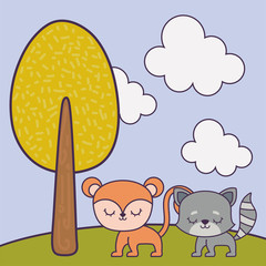 cute monkey and cat animals in landscape