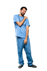 Full-length shot of Surgeon doctor man suffering from pain in shoulder for having made an effort...