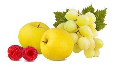 Naklejka na ściany i meble Fresh yellow apples with grapes and raspberry isolated on white background with clipping path
