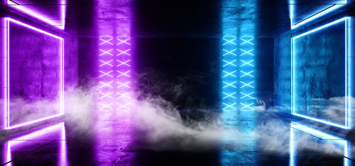 Smoke Sci Fi Futuristic Neon Led Laser Glowing Modern Elegant Empty Dark Vibrant Blue Purple Glowing Stage Podium Lights On Reflective Grunge Concrete Tunnel Corridor Club Room 3D Rendering