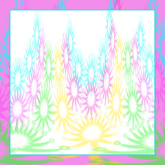 Fototapeta na wymiar Abstract floral design in pastel colors of aqua blue, pinks, yellow and green. Pink border with design flowing through it.