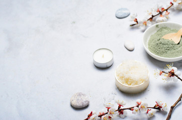 Spa Wellness Background, Natural Cosmetics, Clay Powder and Sugar Scrub