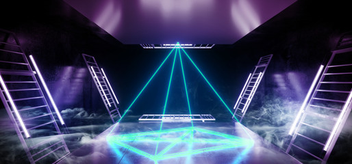 Fototapeta na wymiar Smoke Stage Construction Virtual Dance Pyramid Neon Laser Ultraviolet Purple Pink Blue Fluorescent Sci Fi Futuristic Retro Light Tubes Scene Grunge Concrete Reflective Podium Corridor 3D Rendering