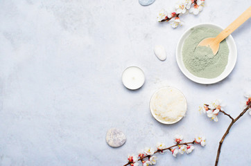 Fototapeta premium Spa Wellness Background, Natural Cosmetics, Clay Powder and Sugar Scrub