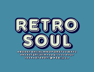 Vector blue emblem Retro Soul with 3D Font. Vintage isometric Alphabet Letters, Numbers and Symbols 