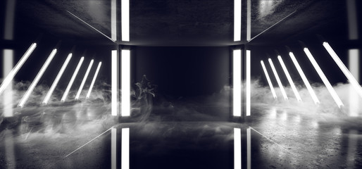 Smoke Virtual Glossy Modern Futuristic Sci Fi Dark Grunge Concrete Room With White Glowing Laser Neon Tube Lights On Empty Reflective Stage Background For Text 3D Rendering
