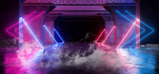 Smoke Virtual Path Sci Fi Neon Glowing Fluorescent Laser Alienship Stage Dance Lights Ultraviolet Purple Blue Pink In Dark Empty Grunge Concrete Neon Reflective Tunnel Hall Corridor 3D Rendering
