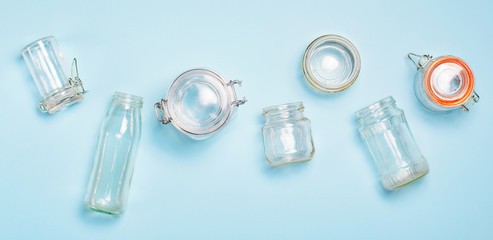 Variety of Glass Jars and Bottles, Zero Waste Shopping Concept