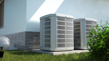 Air heat pumps beside house, 3D illustration