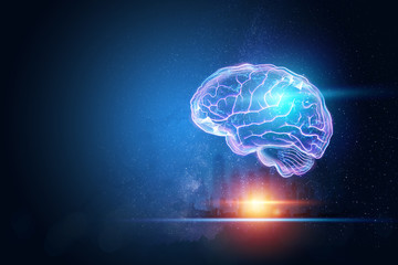 The image of the human brain, a hologram, a dark background. The concept of artificial intelligence, neural networks, robotization, machine learning. 3D illustration, copy space.