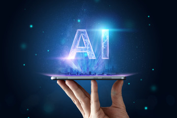 Inscription AI, artificial intelligence, hologram, dark background. The concept of artificial...