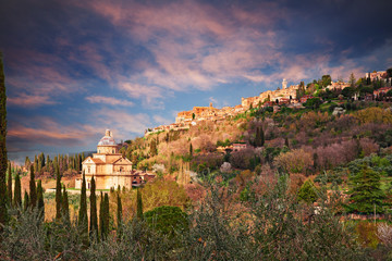Montepulciano, Siena, Tuscany, Italy: landscape at sunset of the ancient hill town