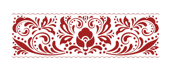 Vintage ornate seamless border pattern in russian traditional folk style. Swirl floral pattern design element set. Ornamental flourish border. Ethnic floral ornament. Isolated vector illustration