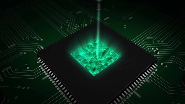 Cyber security concept with cloud hologram over working cpu in background. Digital computing, server, data storage and computer analyzing abstract animation. 3D flight over futuristic circuit board.