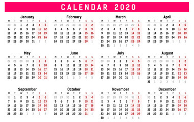 Prosty szablon kalendarza na rok 2020 i 2021. Ilustracja wektorowa płaski kolor stylu. Roczny szablon kalendarza. Orientacja pionowa. Zestaw 12 miesięcy. - obrazy, fototapety, plakaty