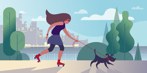 Girl on rollers walking a dog on the city embankment. Vector illustration.