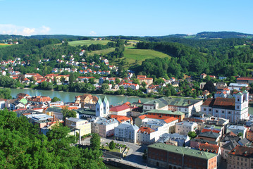 The aerial view of the historical center of Passau, Bavaria, Germany