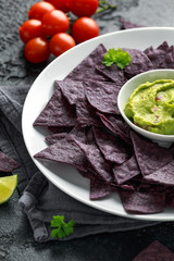 Blue corn Organic tortilla chips with Guacamole