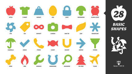 Fototapeta premium Basic color glyph shapes icon set with simple fill silhouette check, phone, candy, magnet, arrow, funnel, bone, fire, wrench, horseshoe, magnifier, fir tree, plane and more pictogram.
