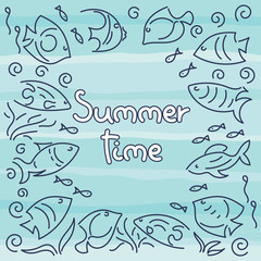 Doodle hand drawing background. Frame. Sea, Fish, whales . Vector illustration