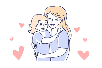 Mother and daughter. Motherhood love. Mom hugging a child hand drawn style vector illustration