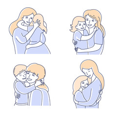 Mother and daughter and son set. Motherhood love. Mom hugging a child hand drawn style vector illustration