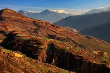 Dongchuan Red Soil, Colored Earth Terraces - Red Soil, Green Grass, Layered Terraces in Yunnan Province, China. Chinese Countryside, Agriculture, Exotic Unique Landscape. Farmland, Agriculture
