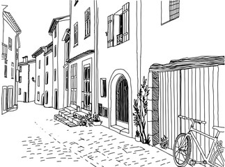 Old street in romantic Provence, France. Urban background in hand drawn sketch style. Ink line drawing. Vector illustration