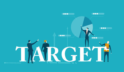 Target sign surrounded by business people working together on progress and successes of company. Business and working together concept illustration.