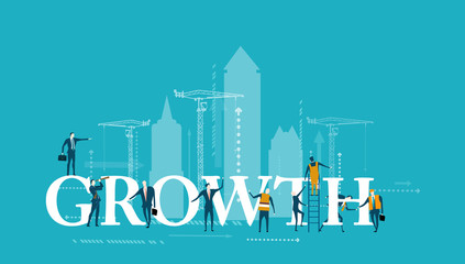 Obraz premium Growth sign surrounded by business people working together on progress and successes of company. Business and working together concept illustration.