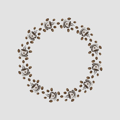 Colored frame with a cup of coffee and coffee beans