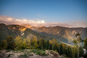 Obraz premium Beautiful landscape in the mountains with the sun at dawn. Mountains at the sunset time. Azerbaijan Caucasus Mountains. Nobody