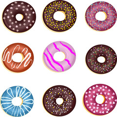 Set of cartoon colorful donuts isolated on white background. Top View.