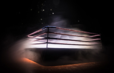 Fototapeta na wymiar Empty boxing ring with red ropes for match in the stadium arena. Creative artwork decoration