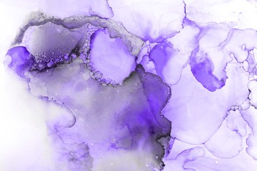 Violet alcohol ink texture with abstract washes and paint stains on the white paper background.	