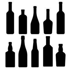 collection of silhouettes of bottles of alcoholic beverages, vector