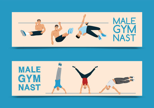 Male Gymnast Set Of Banners Vector Illustration. Competitive Gymnastic. Horizontal Bar. Parallel Bars. Balance Beam. Athlete Man Flyers. Exercising Men In Different Poses.