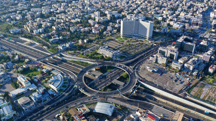 Fototapeta na wymiar Aerial drone photo of multilevel highway junction urban ring crossing road during rush hour