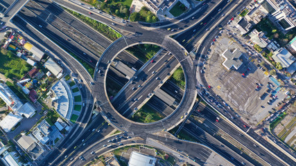 Fototapeta na wymiar Aerial drone photo of multilevel highway junction urban ring crossing road during rush hour