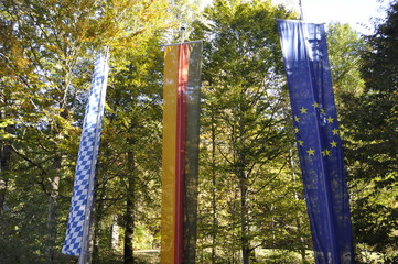 Bavarian, German and EU flags in the forest