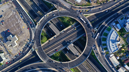 Aerial drone photo of multilevel highway junction urban ring crossing road during rush hour