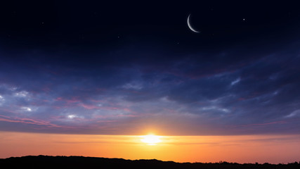 Fototapeta na wymiar New moon. Prayer time. Generous Ramadan. Mubarak background. A decline or rising with clouds.