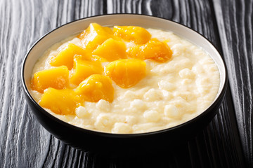 Delicious tapioca vanilla pudding with coconut milk and mango close-up in a bowl. horizontal