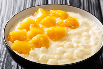 Asian dessert pudding made of tapioca with coconut milk and mango close-up in a bowl on the table. horizontal