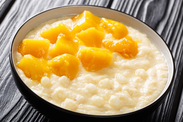 Traditional asian tapioca pudding with coconut milk and fresh mango close-up in a bowl. horizontal