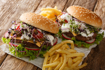 Spring burgers with fresh vegetables, microgreen, cheddar cheese and white sauce, with french fries close-up. horizontal