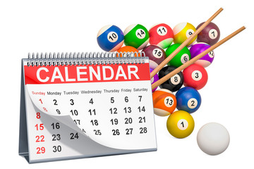 Billiard balls and cue with calendar, billiard events calendar concept. 3D rendering