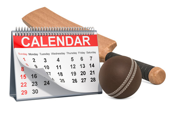 Cricket ball and bat with calendar, cricket events calendar concept. 3D rendering
